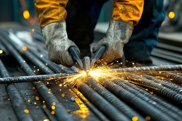 Close-up of a Worker Cutting Rebar with Sparks Flying