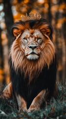 Fototapeta premium Majestic Lion Wearing a Crown, Symbol of Regal Power and Strength, High Quality Photo Generative AI