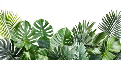 tropical green monstera, palm, and ficus elastica leaves isolated on a white backdrop