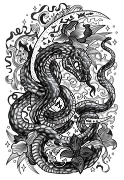 Hand drawn graphic illustration with snake - symbol of the year according to chinese calendar horoscope, moon and flowers. Esoteric, gothic and mystic artwork, epic concept for print, tattoo