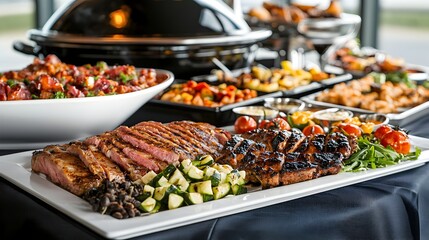 Opulent catering buffet scene featuring a stunning display of gourmet grilled meats and diverse culinary delights enhanced by elegant lighting and decor