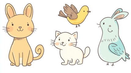 Obraz premium Funny doodle pet collection, showcasing a dog, cat, rabbit, and bird, all in whimsical cartoon style, isolated on white.