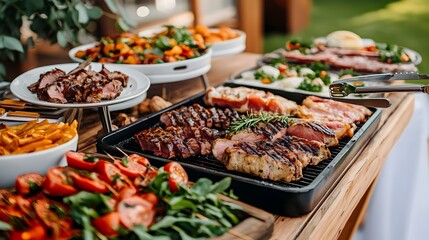 Obraz premium Luxurious gourmet buffet spread showcasing perfectly grilled meats and other exquisite culinary creations surrounded by warm lighting and upscale decor
