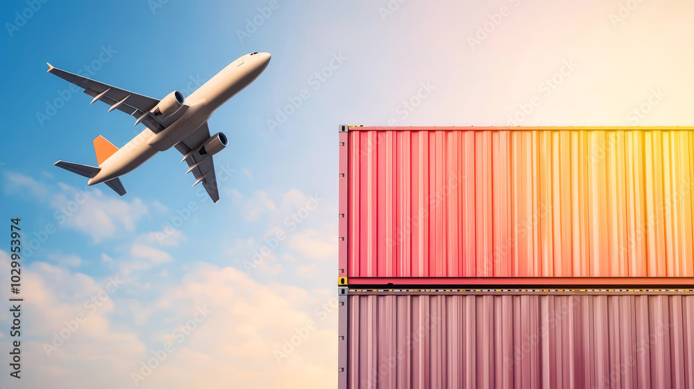 Wall mural logistics supply chain management and international goods export concept airplane flying above shipp