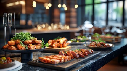 Obraz premium Elegant gourmet buffet setup featuring a variety of grilled meats and diverse high end dishes enhanced by warm lighting that creates an upscale and luxurious dining atmosphere