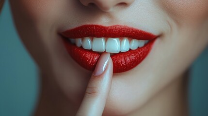 Fototapeta premium Close-up of a woman with bright red lipstick touching her lips