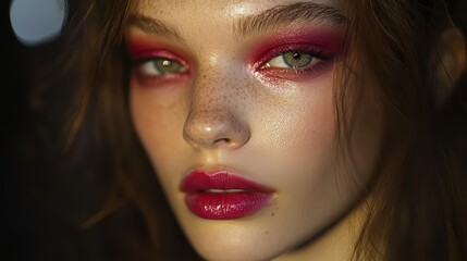 Fototapeta premium Fashion and Beauty Advertising. A close-up shot of a model's makeup, showcasing vibrant eyeshadows and perfectly applied lipstick.