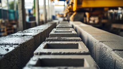 Concrete Block Production Line with Wet Concrete Being Molded into Blocks for Construction Use Generative AI