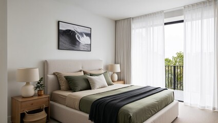 modern, minimalist bedroom with a neutral color palette. The room features a neatly made bed with a beige upholstered headboard,