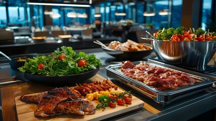Obraz premium Upscale Gourmet Buffet Feast with a Diverse Array of Grilled Meats Rich Decor and Warm Lighting Capturing an Elegant and Refined Dining Experience with a Futuristic Tetradic Color Scheme
