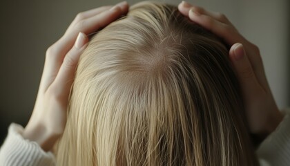 Fototapeta premium Close-up of a Woman with Thinning Hair and Balding, Holding Her Hand to Her Head, Potential Use for Hair Loss or Alopecia Awareness Generative AI