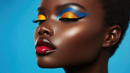 Fashion and Beauty Advertising. A close-up shot of a model's makeup, showcasing vibrant eyeshadows and perfectly applied lipstick.