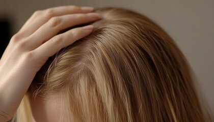 Naklejka premium Woman with Thinning Hair Holding Hand to Head, Concerned Expression Generative AI