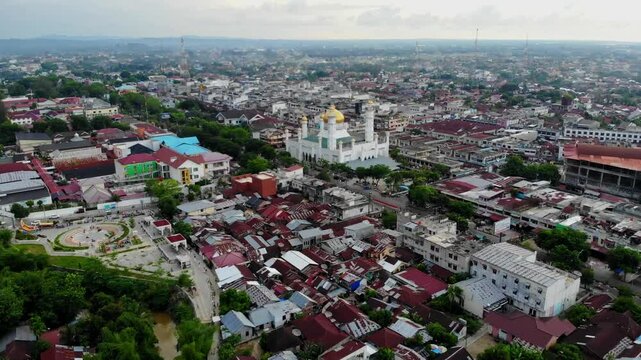 Aerial video view from above Langsa city, Aceh