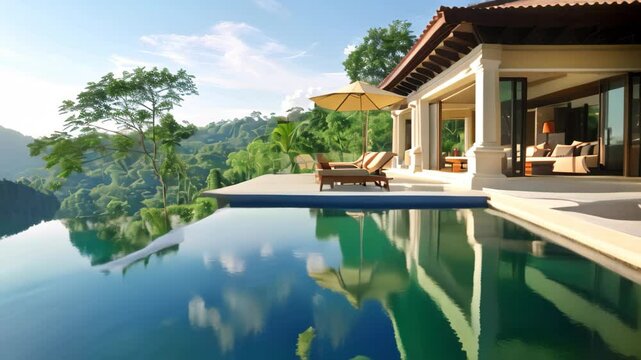 A breathtaking view of an infinity pool overlooking a lush jungle landscape, Luxury resorts featuring palatial suites and infinity pools