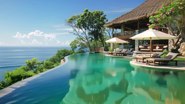 An infinity pool at a luxury resort overlooking the ocean with lush tropical vegetation, Luxury resorts featuring palatial suites and infinity pools