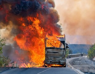 A burnt car frame with flames still burning in the engine, generative ai