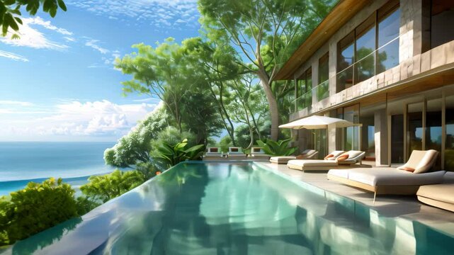 A stunning luxury villa overlooking the ocean with an infinity pool and lush tropical greenery, Luxury resorts featuring palatial suites and infinity pools