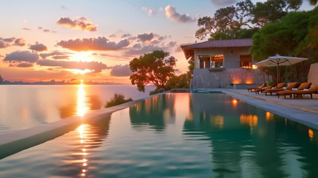 A resort infinity pool overlooking the ocean at sunset, with a luxurious villa in the background, Luxury resorts featuring palatial suites and infinity pools