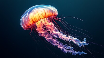 Glowing Giant Jellyfish Floating in the Deep Ocean