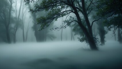 Fototapeta premium Mystical Foggy Forest with Dew-Drenched Leaves and Tranquil Atmosphere.