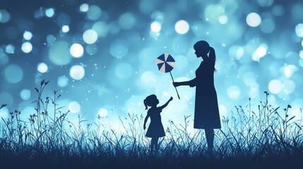 Silhouette of a mother and child holding an umbrella against a bokeh background