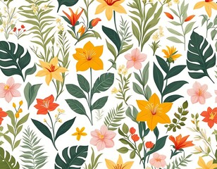 Seamless background of exotic floral , flower seamless pattern with flat style for mockup, fabric, fashion, wallpaper, textile isolated on white background