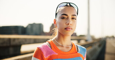 City, woman and portrait with pride for fashion, streetwear and confidence for cool clothes with...
