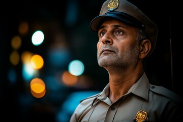 Thoughtful indian Police Officer in Uniform with Nighttime Bokeh Lights in the Background