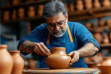 Focused Indian Potter Shaping Clay Vase on Pottery Wheel in Traditional Workshop