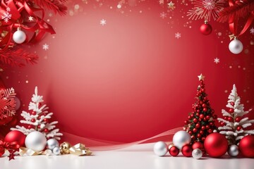 Red Christmas Background with Snowflakes, Ornaments, and Christmas Trees