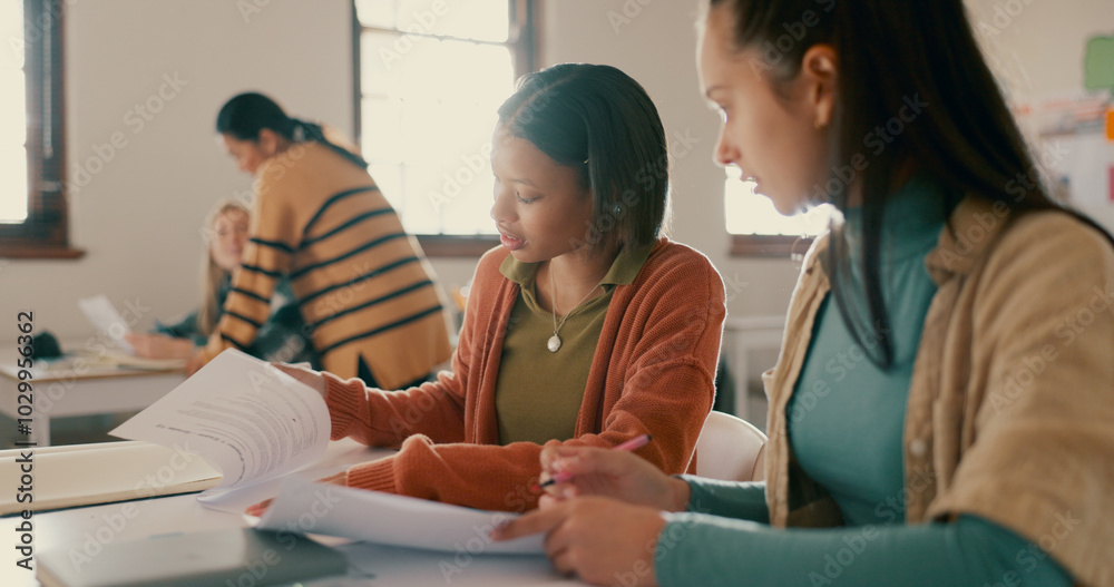 Poster Education, help and students reading notes in classroom with studying for test, exam or assignment. Learning, girls and people working on team project together with books for information at academy.
