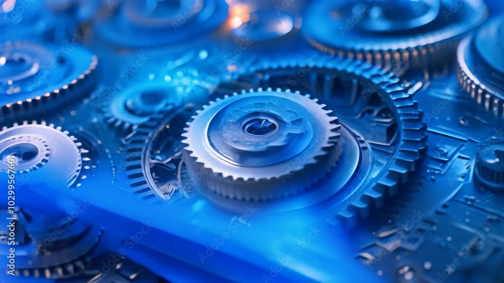 Poster close-up of mechanical gears turning in sync with digital circuitry, showcasing seamless tech integr
