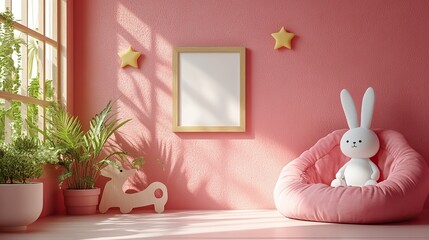 A portrait frame mockup in a pink children's room.