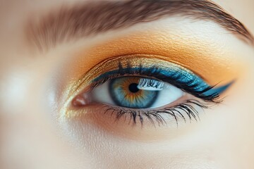 Fototapeta premium Close-up of a Blue Eye with Gold and Blue Eye Shadow