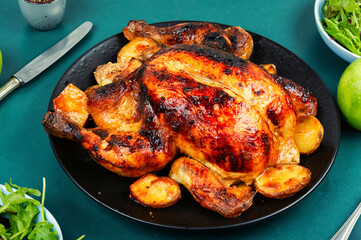 Delicious baked chicken on plate.