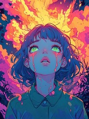 Naklejka premium Anime Girl with Colorful Emotional Expression