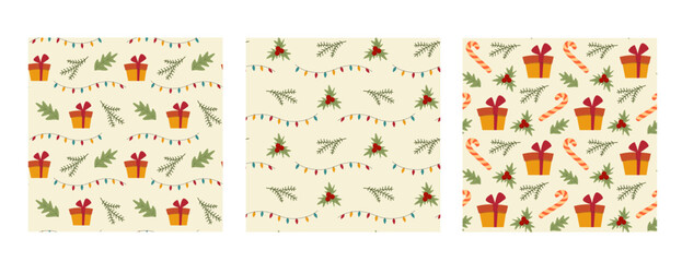 Set of vector seamless patterns with holiday decoration elements. Christmas wallpapers with gift boxes anf holly and fir branches. Collection of repeat textures for textile.