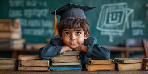 Young indian Boy in Graduation Cap Leaning on Books in Classroom with Chalkboard Background