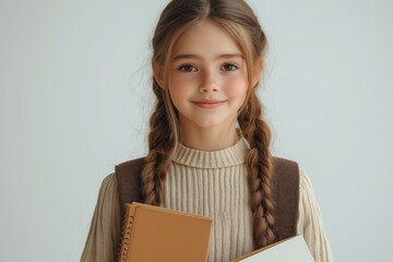 Obraz premium Smiling Girl with Braided Hair Holding Notebooks in a Cozy Sweater Ready for School