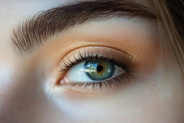 Fototapeta premium Close-up of a woman's eye with gold eyeshadow and long lashes
