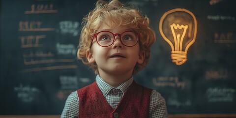 Blonde boy smiling with joy in front of chalkboard lightbulb drawing representing bright idea