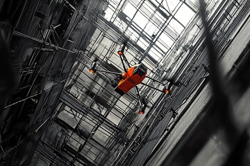 Drone flying in a modern construction site with scaffolding and glass.