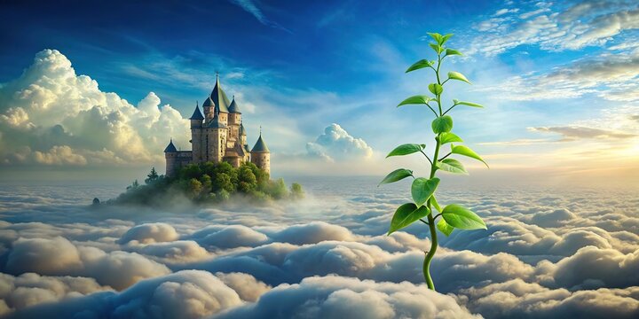 Stock photo of beanstalk rising into clouds with giant palace, leading lines