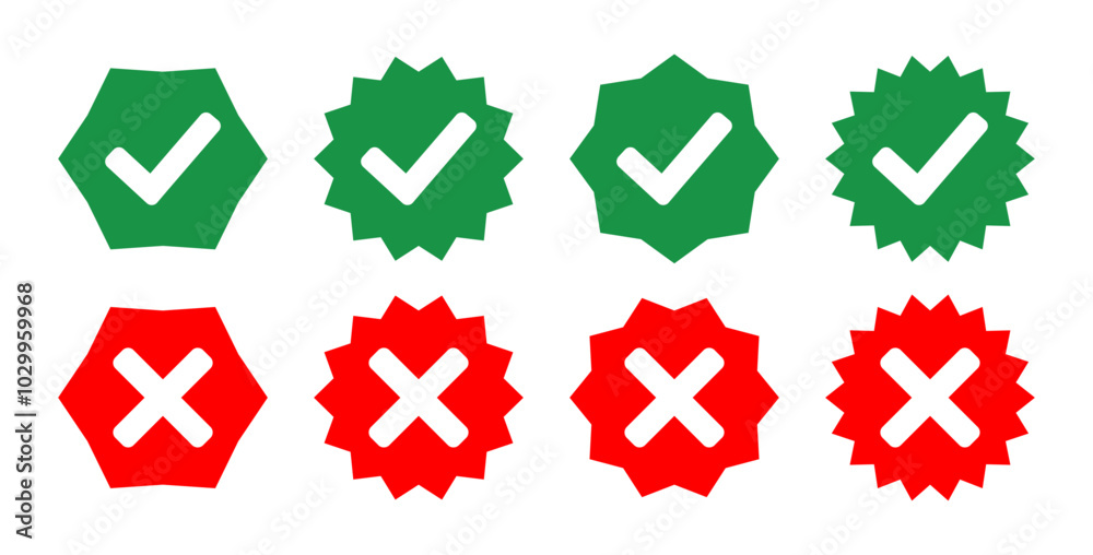 Wall mural right wrong symbol set in zig zag circle in green and red color vector illustration. check mark icon