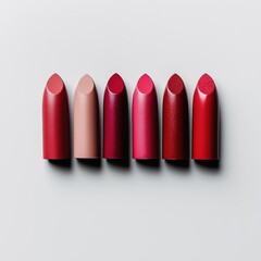 Lipsticks. A row of colorful lipsticks arranged in a gradient from light pink to dark red, on a clean white background.