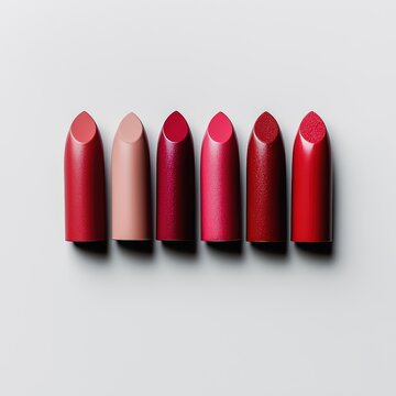 Lipsticks. A row of colorful lipsticks arranged in a gradient from light pink to dark red, on a clean white background.