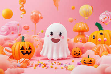 Fototapeta premium Super cute Halloween smiling ghost Halloween pumpkins, candies, and cute decorations.