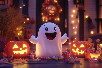 Super cute Halloween smiling ghost Halloween pumpkins, candies, and cute decorations.