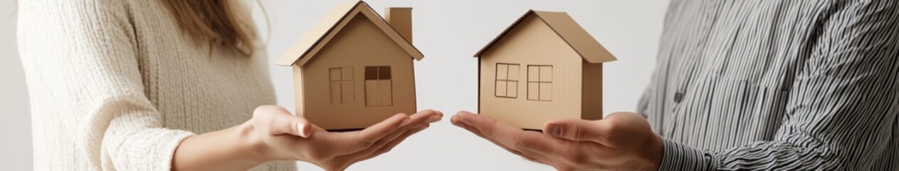 Couple Holding Cardboard House Models on White Background - Real Estate Concept Generative AI